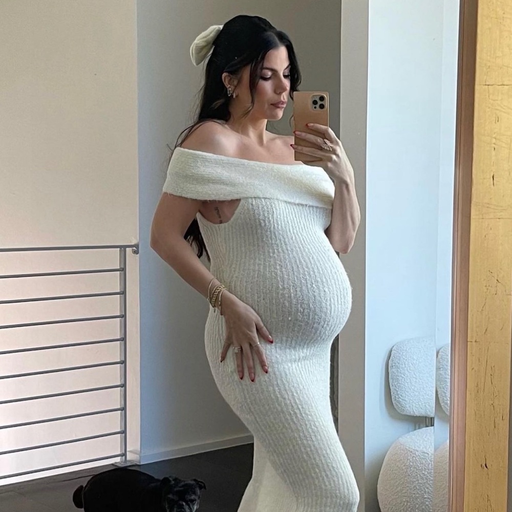 off the shoulder cream sweater dress